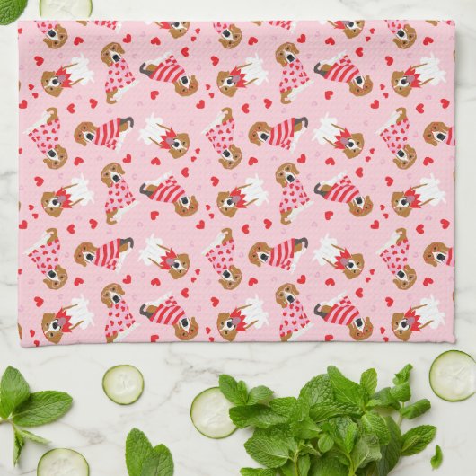 ハッピーヴァレンティーンズデイビーグルドッグス キッチンタオル (折り畳み)