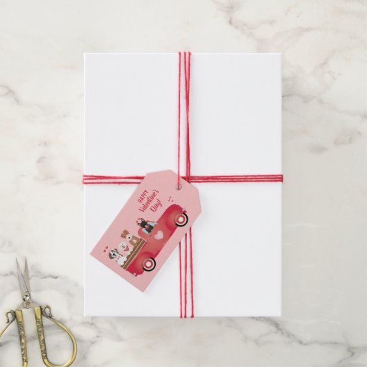 ハッピーヴァレンティーンズデイピックアップトラックラブドッグ ギフトタグ (より糸付き)