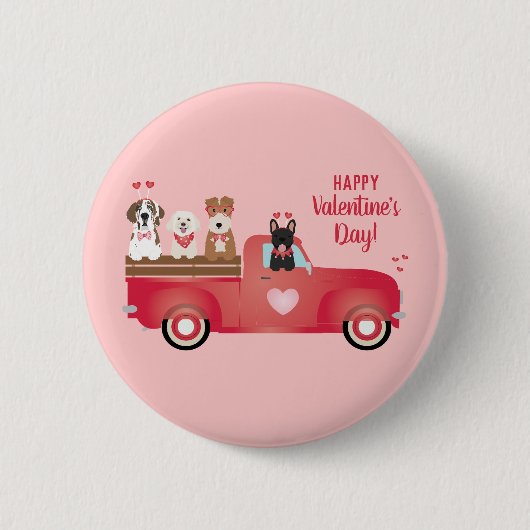 ハッピーヴァレンティーンズデイピックアップトラックラブドッグ 缶バッジ (正面)