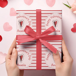 ハッピーヴァレンティーンズデイピンク&レッドストライプズ ラッピングペーパー