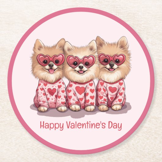 ハッピーヴァレンティーンズデイポメラニア犬ドッグス ラウンドペーパーコースター (正面)