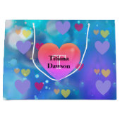 ハッピーヴァレンティーンズデイモノグラムかわいらしハート ラージペーパーバッグ (正面)