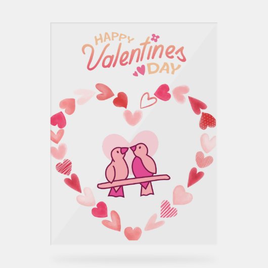 ハッピーヴァレンティーンズデイラブバーズピンクハートリース アクリルサイン (正面)