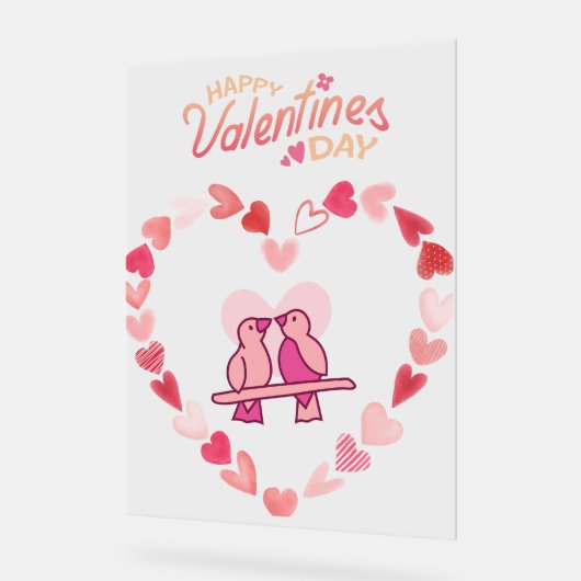 ハッピーヴァレンティーンズデイラブバーズピンクハートリース アクリルサイン (傾斜)