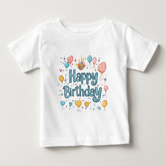 ハッピー一次誕生日 – かわいいバルーン ベビーTシャツ (正面)