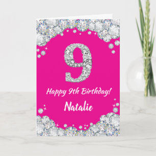 ハッピー九誕生日ホットピンクアンドシルバーグリッター カード