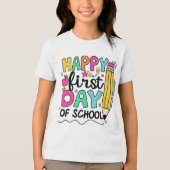 ハッピー初登校ペンシル先生子供 トライブレンドTシャツ (正面)
