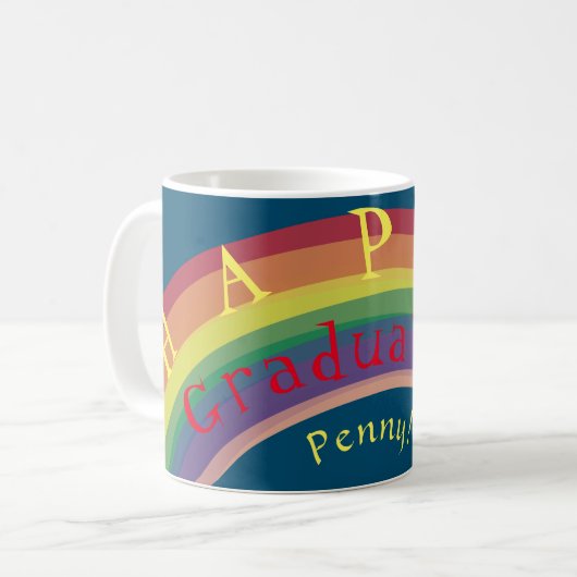「ハッピー卒業式！」カスタム文字レインボー コーヒーマグカップ (正面左)