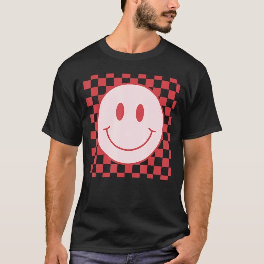 ハッピー市松模様に顔パターンスマイル顔ミーム1 Tシャツ (正面)