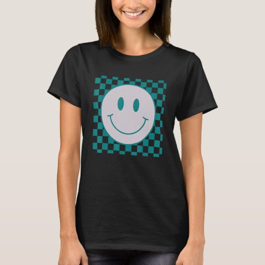 ハッピー市松模様に顔パターンスマイル顔ミーム1 Tシャツ (正面)