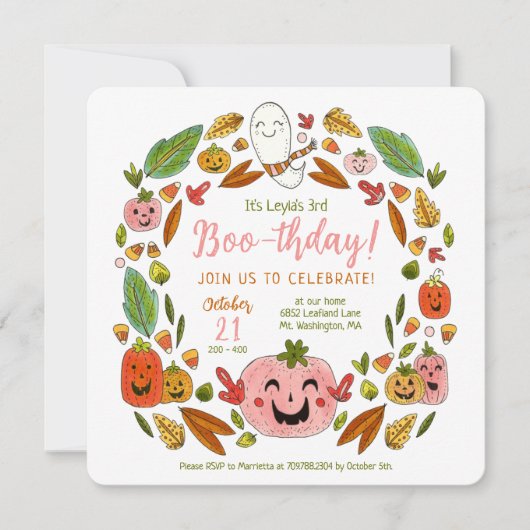 ハッピー幽霊たちピンクハロウィーン誕生日 招待状 (正面)