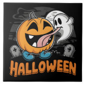 ハッピー幽霊とパンプキ祝ンのハロウィンおもしろい タイル (正面)