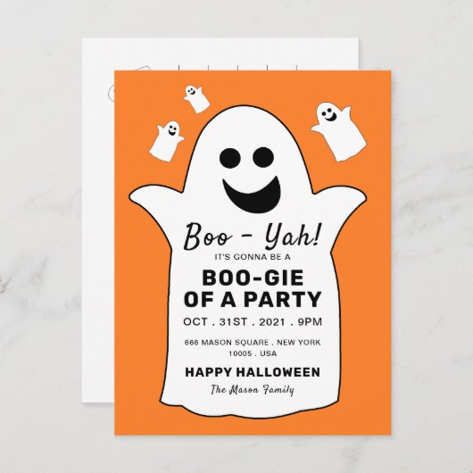ハッピー幽霊オレンジハローウィンパーティ招待状 案内ポストカード (正面/裏面)