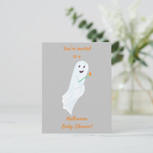 ハッピー幽霊ハロウィーンベビーシャワー招待状はがき 案内ポストカード (スタンド正面)