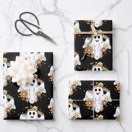 ハッピー幽霊レトロヒッパイパターン ラッピングペーパーシート