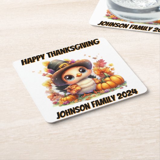 ハッピー感謝祭かわいいベビートルコ スクエアペーパーコースター (アングル)