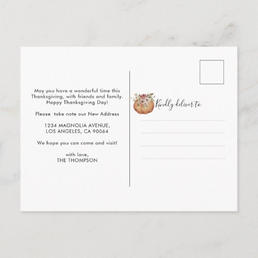 ハッピー感謝祭の新しいホームカボチャの動画 案内ポストカード (裏面)