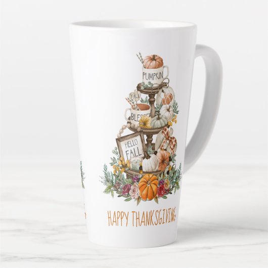 ハッピー感謝祭の秋の水彩カボチャ カフェラテマグ (右アングル)