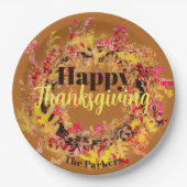 ハッピー感謝祭ウォーターカラー紅葉リース ペーパープレート (正面)