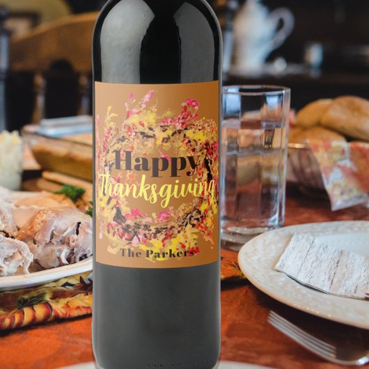ハッピー感謝祭ウォーターカラー紅葉リース ワインラベル