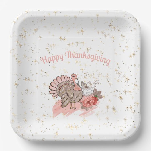 ハッピー感謝祭ピンクのトルコとカボチャ ペーパープレート (正面)