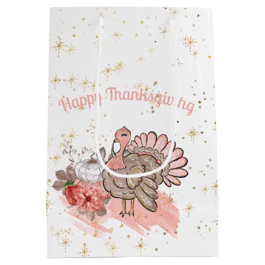 ハッピー感謝祭ピンクのトルコとカボチャ ミディアムペーパーバッグ (裏面)
