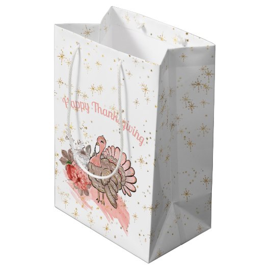 ハッピー感謝祭ピンクのトルコとカボチャ ミディアムペーパーバッグ (裏面アングル)