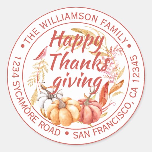 ハッピー感謝祭ファミリー名差出人住所 ラウンドシール (正面)