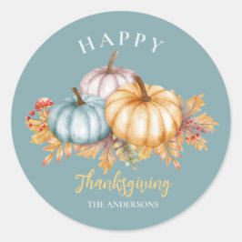 ハッピー感謝祭フローラカボチャ青 ラウンドシール