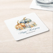 ハッピー感謝祭ブルーオレンジ金ゴールドカボチャ スクエアペーパーコースター (アングル)