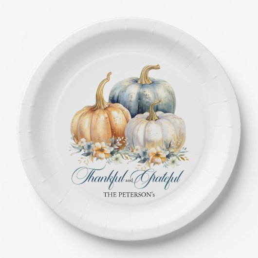 ハッピー感謝祭ブルーオレンジ金ゴールドカボチャ ペーパープレート (正面)