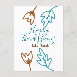 ハッピー感謝祭ブルーブラウン紅葉花h シーズンポストカード