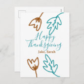 ハッピー感謝祭ブルーブラウン紅葉花h シーズンポストカード (正面/裏面)