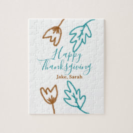 ハッピー感謝祭ブルーブラウン紅葉花h ジグソーパズル