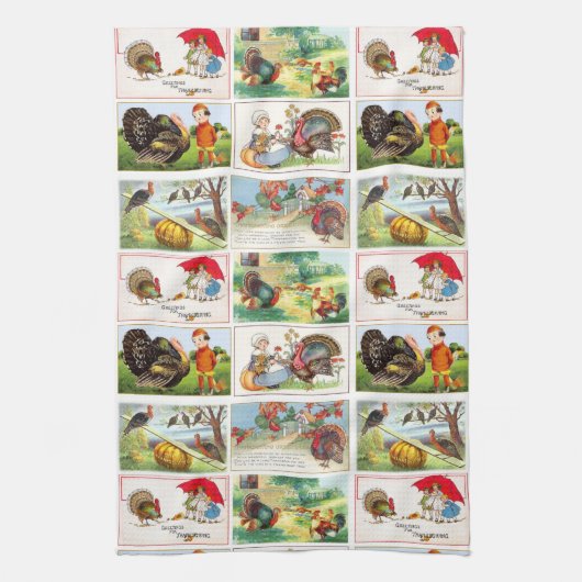 ハッピー感謝祭メドレーヴィンテージポストカード キッチンタオル (縦)