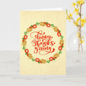 ハッピー感謝祭レッド金ゴールドリースグリーティング カード (黄色い花)