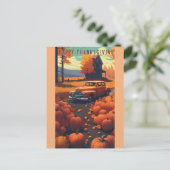 ハッピー感謝祭ヴィンテージカーオレンジカボチャ ポストカード (スタンド正面)