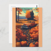 ハッピー感謝祭ヴィンテージカーオレンジカボチャ ポストカード (正面/裏面)
