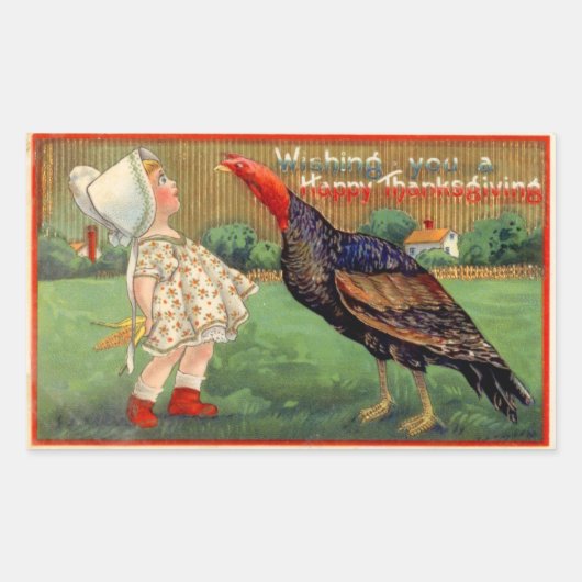 ハッピー感謝祭小さな女の子とトルコヴィンテージ 長方形シール (正面)