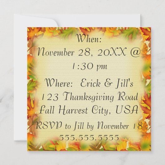 ハッピー感謝祭招待状 招待状 (裏面)