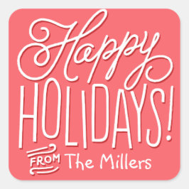ハッピー手書きホリデーギフトラベルレッド スクエアシール