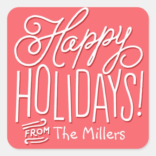 ハッピー手書きホリデーギフトラベルレッド スクエアシール (正面)