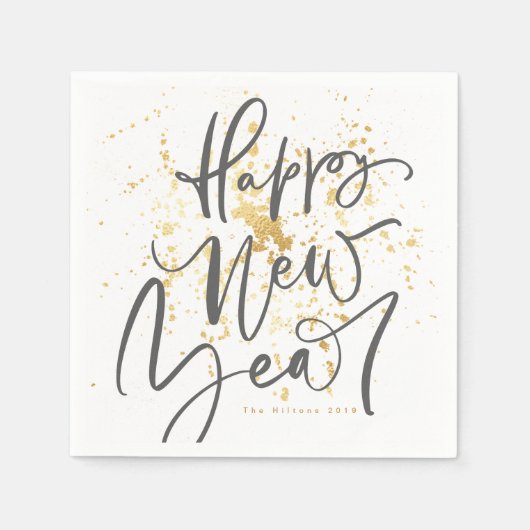 ハッピー新年の灰色の手書き文字 スタンダードカクテルナプキン (正面)