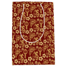 ハッピー旧正月：ドラゴン〔占星術の〕十二宮図オリエンタルレッド ミディアムペーパーバッグ