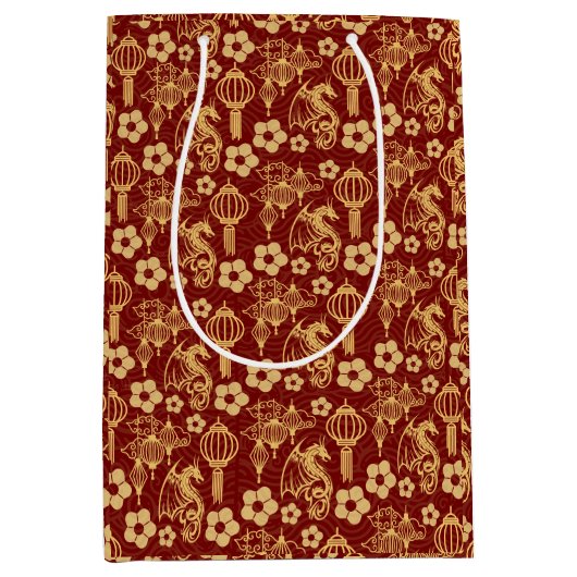 ハッピー旧正月：ドラゴン〔占星術の〕十二宮図オリエンタルレッド ミディアムペーパーバッグ (正面)