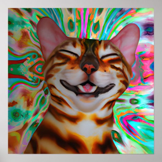 ハッピー熱狂するベンガルキャットポートレートアート ポスター (正面)