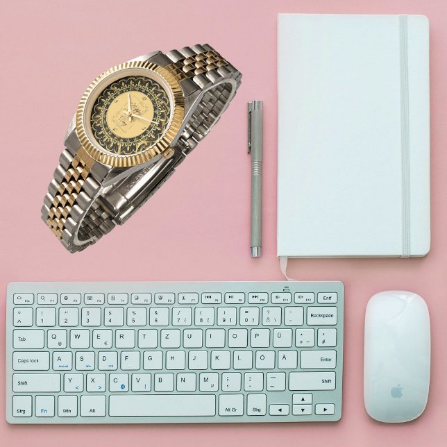 ハッピー父の日金ゴールド書道の葉の渦巻き 腕時計 (Happy Father's Day Gold Calligraphy Leafy Swirls Watch)