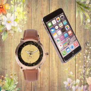 ハッピー父の日金ゴールド書道ブラックスワール 腕時計