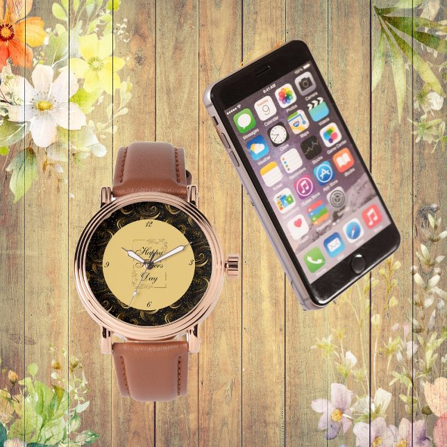 ハッピー父の日金ゴールド書道ブラックスワール 腕時計 (Happy Father's Day Gold Calligraphy Leafy Swirls Watch)