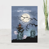 ハッピー狩りフクロウ幽霊と飛んでいるこうもり カード (正面)